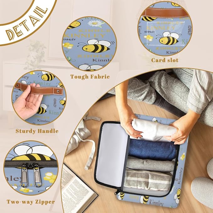 Personalized Storage Bins with Zipper Lid, Customized Name Storage Basket Rectangle Clothes Organizer for Kids and Pets Toys Shelf Closet, Cartoon Bee with Daisy Floral Grey Blue Background
