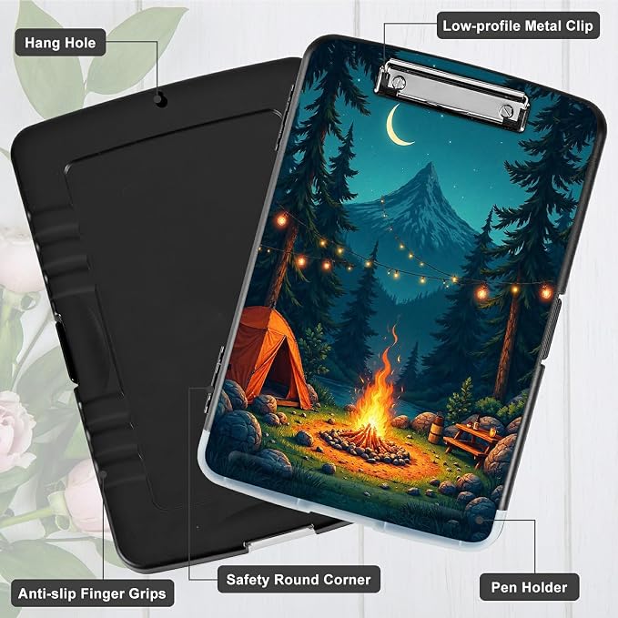 A4 Clipboard with Storage Pen Holder, Clipboards Organizer Nursing Clipboard Foldable File Folder Plastic Clipboard Folio Clip Board for Office Work Classroom Doctor, Dark Mountain Flame
