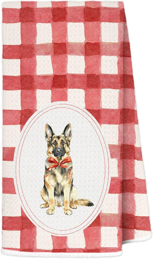 Red Plaid German Shepherd Kitchen Towels 16x24 Inch, German Shepherd Lovers Gifts Decorative Hand Towels for Bathroom, Red Checkered Dog Dish Tea Towel Drying Cloth
