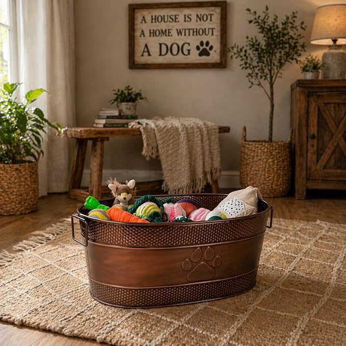 BREKX Copper Metal Dog Toy Storage Bin, Indestructible, Large | Toy Box, Blanket & Leash Organization • Handles