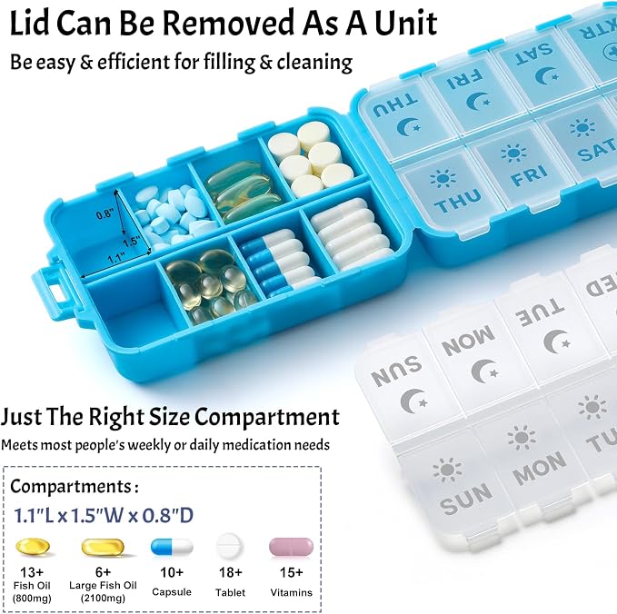 Foldable & Portable Pill Organizer 2 Times A Day with Extra Compartments - Etched Labels - Weekly 7 Day AM PM Medicine Box, Week Daily Travel Pill Case Holder Dispenser for Vitamin, Supplement - Blue