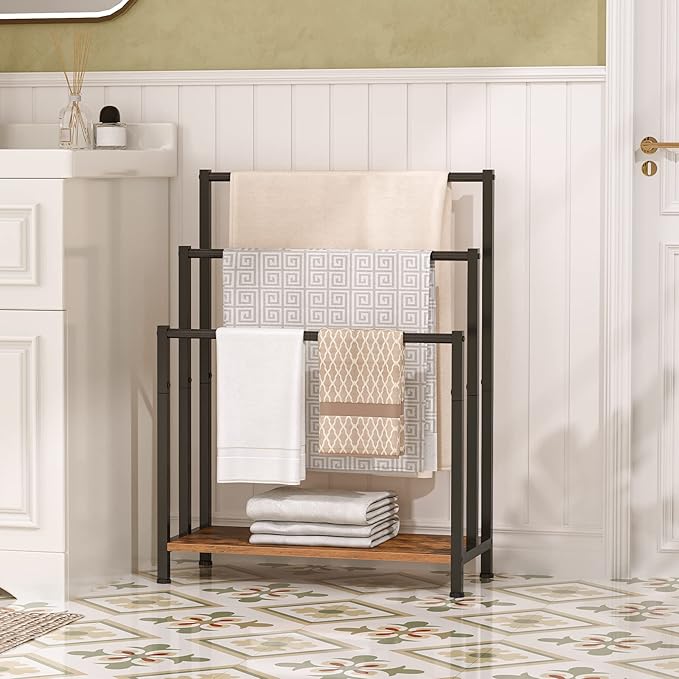 HOOBRO Free Standing Towel Rack, 3 Tier Blanket Rack, Blanket Holder for Bathroom, 23.6" L x 11" W x 31.9" H, Industrial Metal Drying and Display Rack with Shelf, Rustic Brown and Black BF06LB01