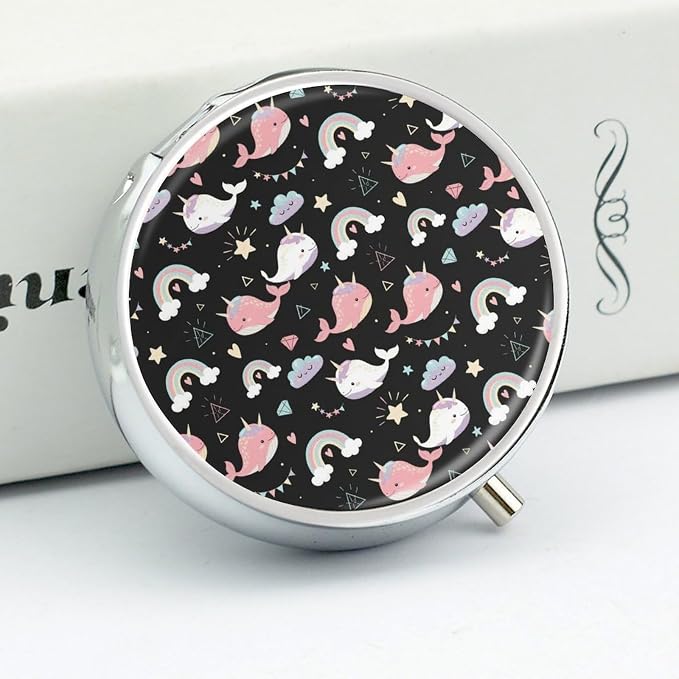 Portable Medicine Box, Narwhals Round Pill Organizer, Compact Case for Fish Oil, Travel Pill Holder Purse Carry for Seniors