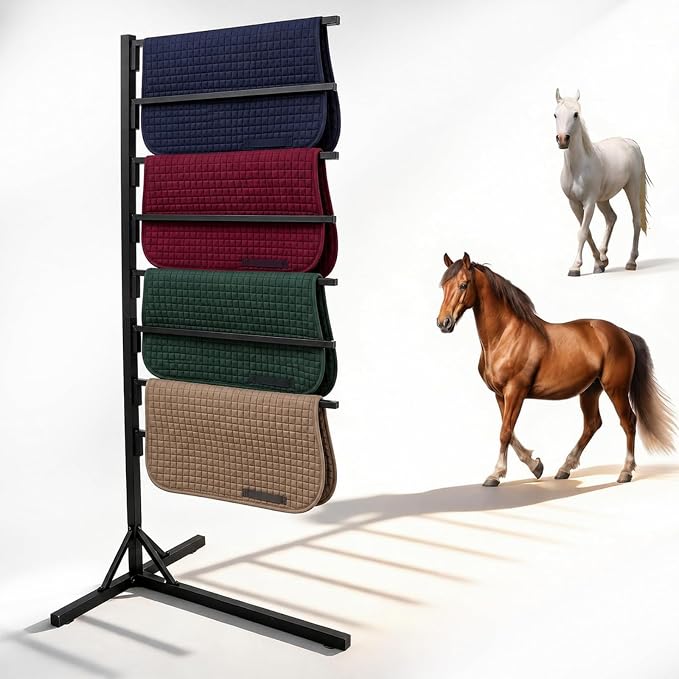 8-Tier Portable Saddle Pad Rack with Stand for Horse Tack Storage | Lightweight Black Stand with Long Rack Arms Stores Multiple Saddle Pads for Tack Rooms, Utility Rooms and Horse Trailers