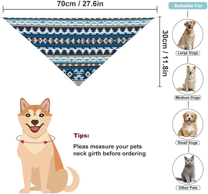 Lightweight and Soft Colorful Surf Blue Tribal Navajo Aztec Geometric Ethnic Pattern and Washable Triangle Pet Scarf, Adjustable Pets Daily Bib for Family Party, Beach Outings Use