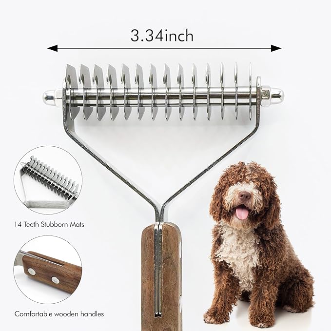 Extra Large 2-Sided Undercoat Rake for Dogs and Cats,Deshedding & Dematting Comb for Long Hair,Dog Brush for Shedding and Tangles,Stainless Steel Pet Grooming Tool with Wood Handle