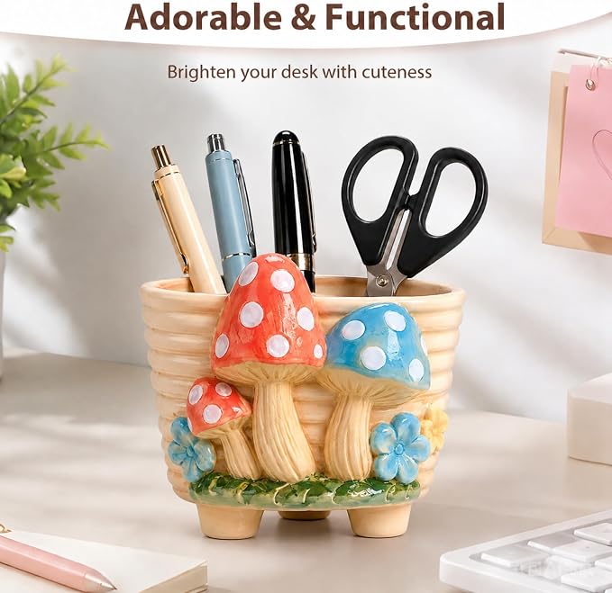 Ceramic Mushroom Shaped Pen Pencil Holder for Desk Decoration Accessories Mushroomb Decor Makeup Brush Pen Cups Office School Ideal Gifts for Women, Mom or Birthdays