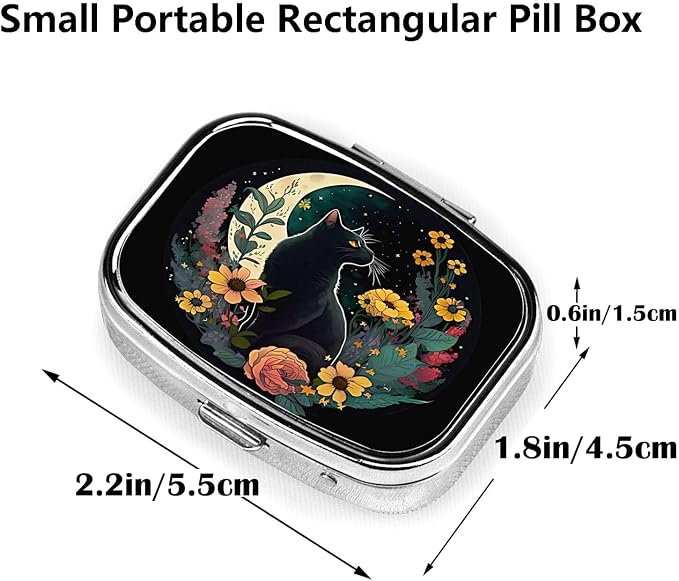 ABLESKY Pill Box, 2 Compartment Pill Organizer Case for Pocket or Purse, Small Portable Metal Travel Medicine Box with Mirror, Daily Vitamins Fish Oil Container-Dark Night Moon Flower Cat