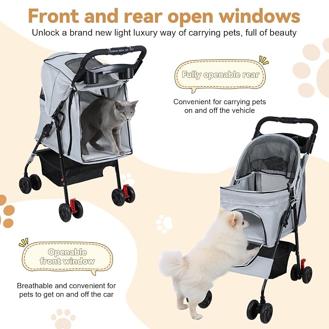 4 Wheel Pet Stroller for Small Medium Dogs, Foldable Cat Carriage with Breathable Mesh Windows, Cup Holder and Storage Basket, Portable Animal Strolling Cart Holds up to 22lbs Grey
