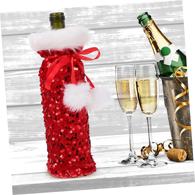 Didiseaon Red Wine Bottle Cover Lovely Pattern with Drawstring Soft Pet Material Wine Bottle Bag Christmas Plush for Holiday Decoration in Coffee Shops and Restaurants