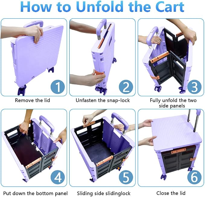 FELICON SELORSS Foldable Utility Cart Folding Portable Rolling Crate-Purple | Durable,Heavy Duty,Plastic Box,Telescoping Handle,4 Rotate Wheels,Collapsible Handcart for Travel Shop Move Luggage Office