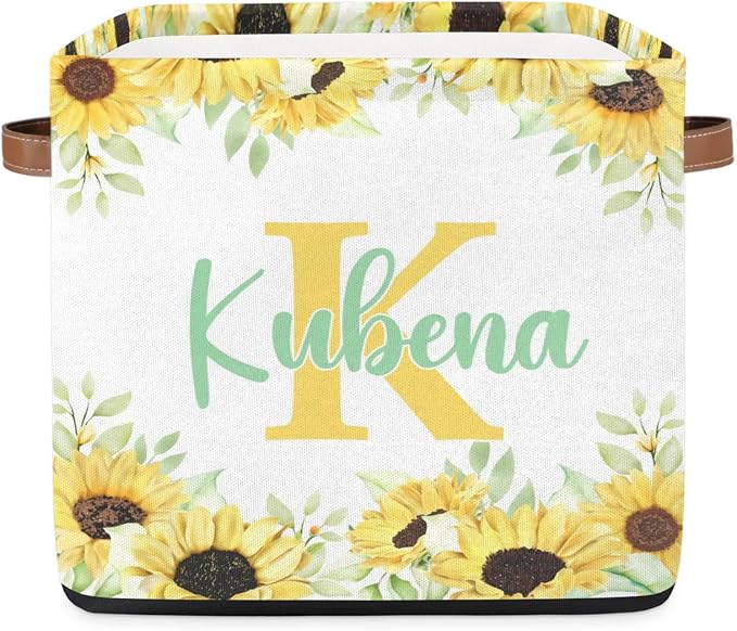 Personalized Initial-Name Sunflower Storage Baskets for Girls Women, Custom Portable Square Storage Bins with Handles Foldable Organizer for Clothes, Toys, Blanket, Towel,Pet 13”
