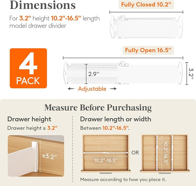 Lifewit 3.2" High Drawer Dividers for Clothes, Adjustable Drawer Organizers | 10.5"-16.5" Expandable Plastic Separator for Dresser, Kitchen, Cabinet, Closet, Nursery, Socks & Underwear Storage, 4 Pack