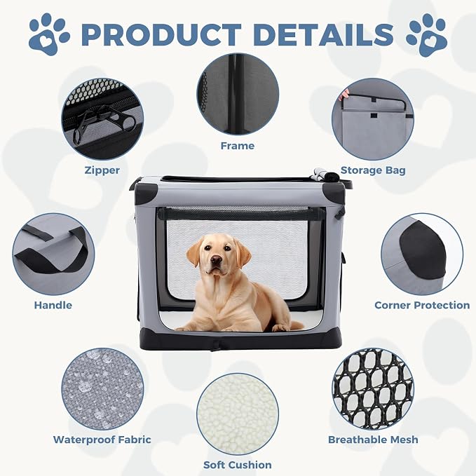 DUMOS Soft Dog Crate 24 Inch, Small Foldable Outdoor Cat Carrier | Foldable Portable Design, Indoor Outdoor Travel Kennel, Storage Bag, Washable Pad, Grey
