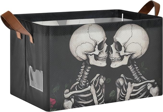 Romantic Skeleton Gothic Valentine's Day Storage Bins for Shelves with Labels&Handles Fabric Organizer Bin Foldable Rectangle Storage Basket Boxes for Closet, Bathroom, Home, Living Room