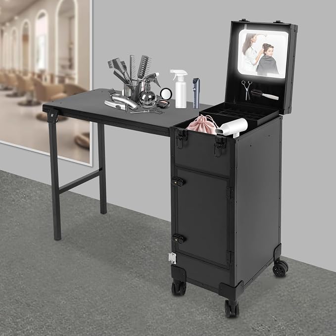 Portable Rolling Travel Nail Desk, Foldable Nail Tables Travel Cosmetic Trolley Storage Organizer with LED Mirror & 3 Drawers for air Stylists Pet Groomers Makeup Artists Salon (Black2)