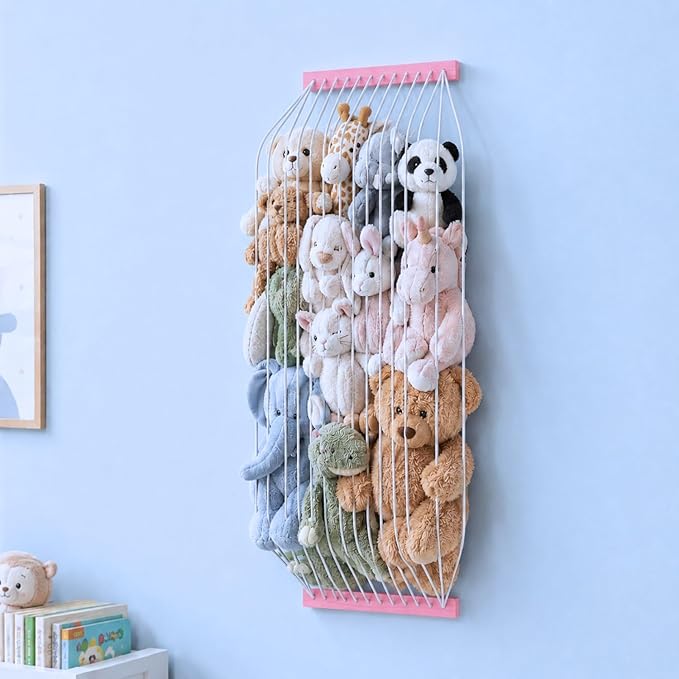 Stuffed Animal Storage Wooden Soft Toy Storage for Kids Room，Wall Mount Door Hanging Stuffed Animal Toy Organizer Shelf for Nursery Play Room Pink -Patent