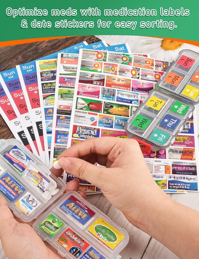 630 Pcs Medicine Labels Stickers for Pill Organizers, 350 DIY Pocket Pharmacy Labels & 280 Medicine Reminder Stickers, Travel Daily Pill Container Brand Label Pill Case Label Stickers