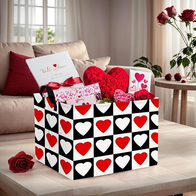 Cute Large Valentine's Day Gift Basket Empty Heart Decor Storage Bin for Kid Baby Room Décor (Checkered Red and White)