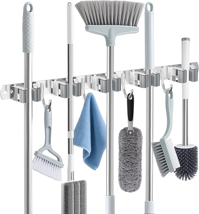 HANZENMA Broom Holder Wall Mount, Broom Organizer Wall Mount Stainless Steel Broom and Mop Hanger Heavy Duty Storage Organization for Home Kitchen Garden Garage Room 5 Racks 4 Hooks