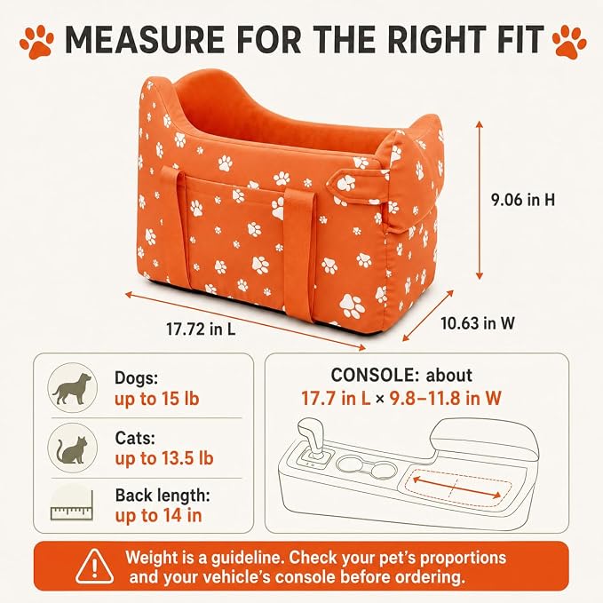 Dog Car Seat for Small Dogs 5-15 lbs, Tomato Red | Center Console Puppy Booster and Portable Travel Bed, Anti-Collapse Design with Washable Fluffy Cushion