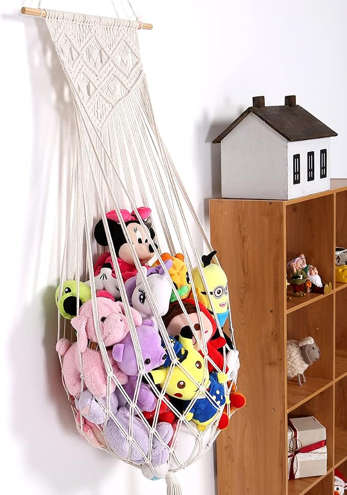 Stuffed Animal Hammock Wall Hanging Net for Stuffed Animal Storage Plush Toy Holder Macrame Toy Display for Boho Kidroom Decor Nursery Organizer (Cream)