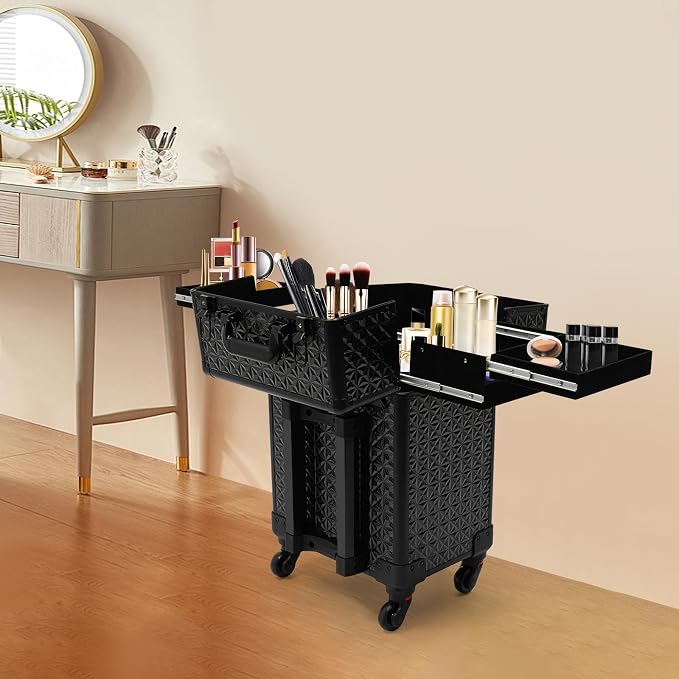 Rolling Makeup Case, Cosmetology Case on Wheels for Travel Nail Hair (Black)