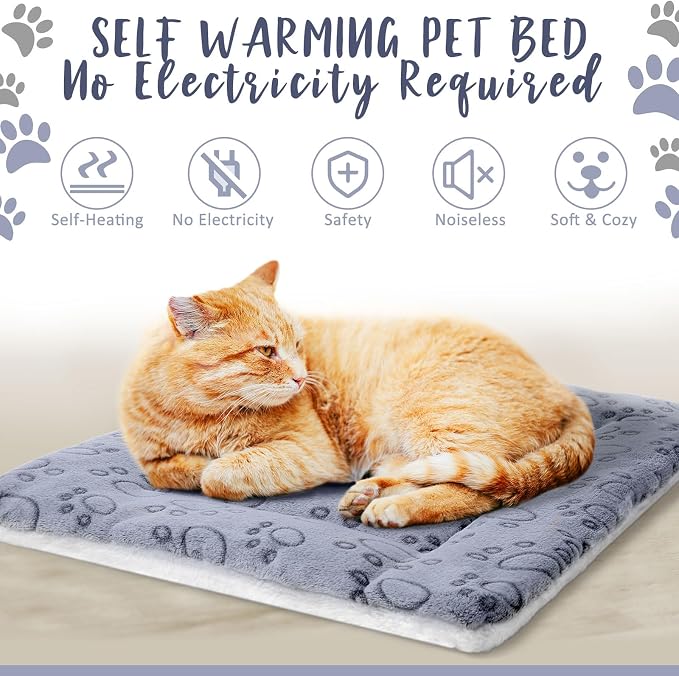 2 Pack Self Warming Cat Mat Self Heating Pad Bed Reversible Machine Washable Reflects Body Heat Warm Thermal Pet Pad Crate Blanket for Feral and Indoor Cat (Grey,22'' X 18'',Dog Paw)