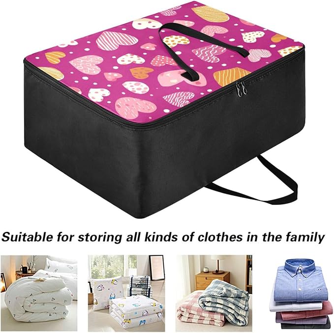 Comforter Storage Bags Large Folding Blanket Organizer Bag with Strong Handles Clear Window Closet Storage Containers for Clothes King Queen Pillows Bedding Quilt Duvet Pink Stripes Hearts