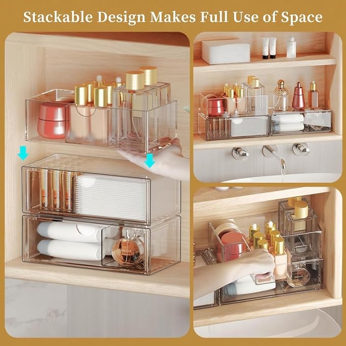 Medicine Cabinet Organizer with Removable Dividers, 3-Tier Stackable Drawer Storage for Bathroom, RV, Vanity, Countertop & Desk