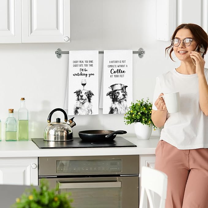 Funny Dog Border Collie Kitchen Towels Set of 2,Cute Dish Towel Gifts for Dog Lovers Christmas,Every Meal You Bake Hand Towels Decor for Bathroom, Rustic Tea Bar Towel for Dining Room 16x24in