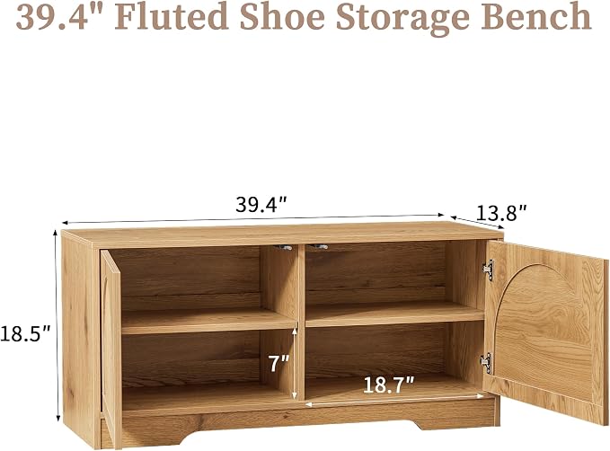 BERRYMERRY 39.4" Fluted Shoe Storage Bench for Entryway | Arched Door,Entryway,End of Bed,Shoe Cabinet,Adjustable Shelf,Bedroom,Natural,Mid Century Modern,2 Tier