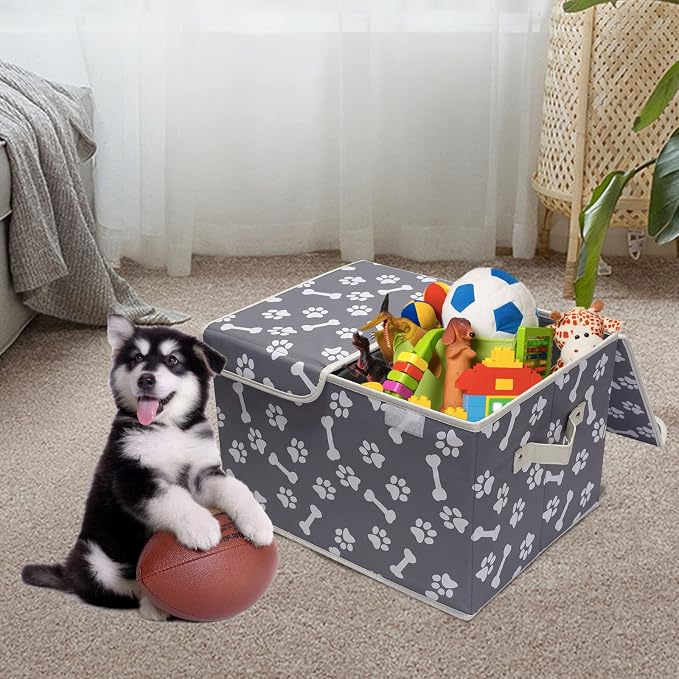 Pet Toy Storage Box with Lid Basket Organizer - Perfect Collapsible Bin for Living room, Playroom, Closet, Home Organization - Bone Paw