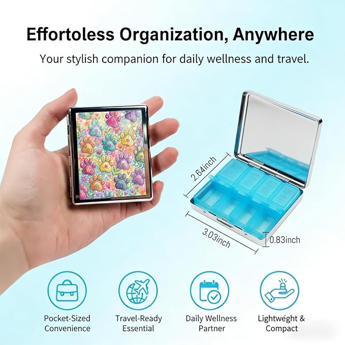 Weekly Pill Organizer, Metal Pill Box with 8 Compartments, Small Travel Pill Case for Purse Pocket, Medicine Vitamin Supplement Organizer (Paw Garden)
