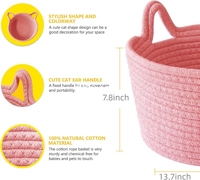 Large Cat Ears Toy Organizer, Woven Cotton Rope Basket, Decorative Nursery Bins & Boxes Gift Basket Empty for Baby Pet Toy Storage