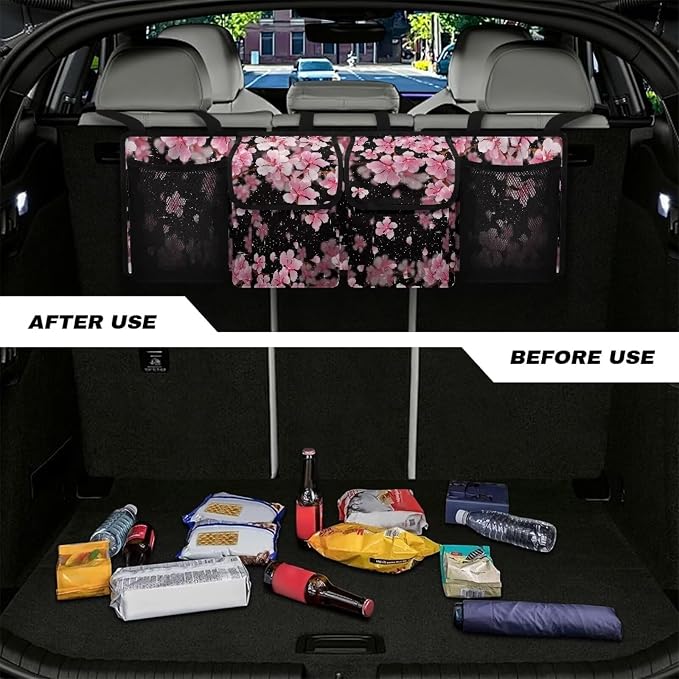 Dreaweet Pink Cherry Blossom Trunk Organizer for Car Women Collapsible Trunk Hanging Organizer Backseat Bag Car Storage Accessories Interior with 2 Pockets & 2 Mesh Pouches for Groceries