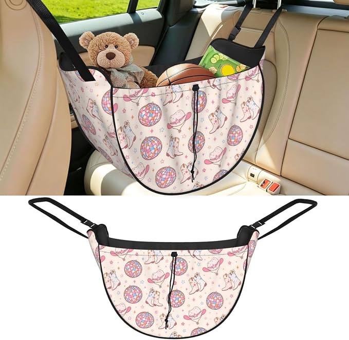 Cowboy Boots Disco Ball Car Seat Organizer Backseat Storage Bag, Large Waterproof Vehicle Organizer With Adjustable Straps For Gear Essentials, Fits Most Cars