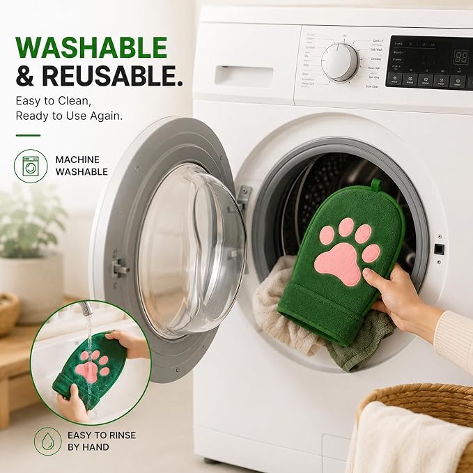 Paw Shape Pet Hair Remover Glove & Fur Storage Bag Set for Cats and Dogs (Green), Washable Pet Hair Remover, Soft Lint Cleaning Glove for Sofa Carpet Bed Clothes