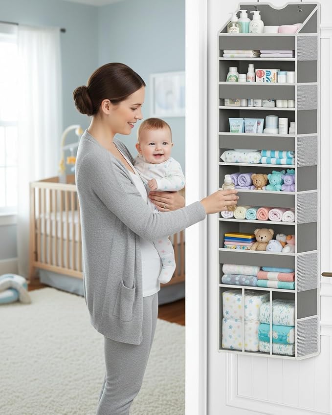 Over The Door Organizer, 6-Shelf Hanging Door Storage for Bathroom | 50lb Load Grey Behind the Door Organizer for Bathroom Closet Nursery Pantry Bedroom Laundry Dorm Small Room
