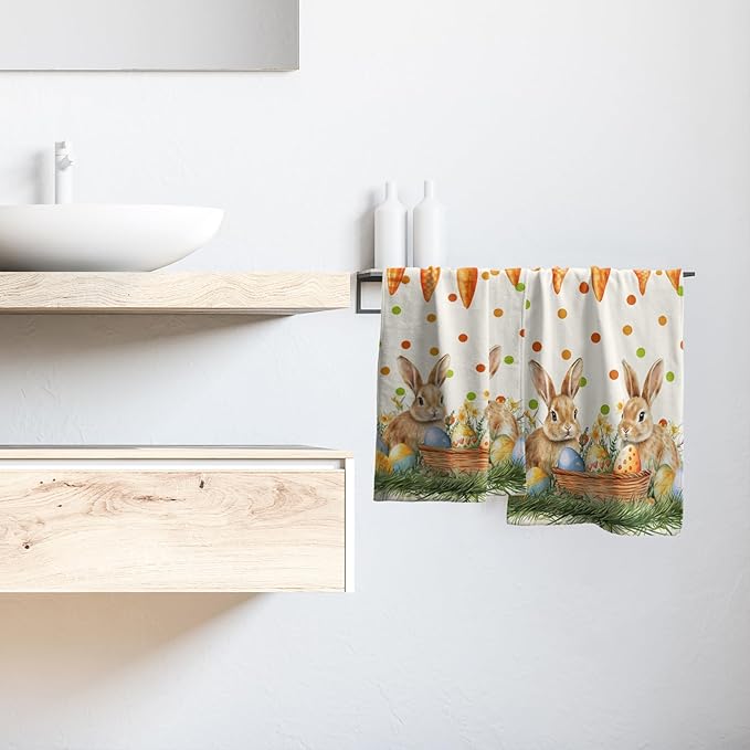 Giwawa Easter Bunny Hand Towels Eggs Carrot Dish Washing Cloth Set of 2 Soft Absorbent Fingertip Face Tea Towel for Kitchen Bathroom Holiday Decor