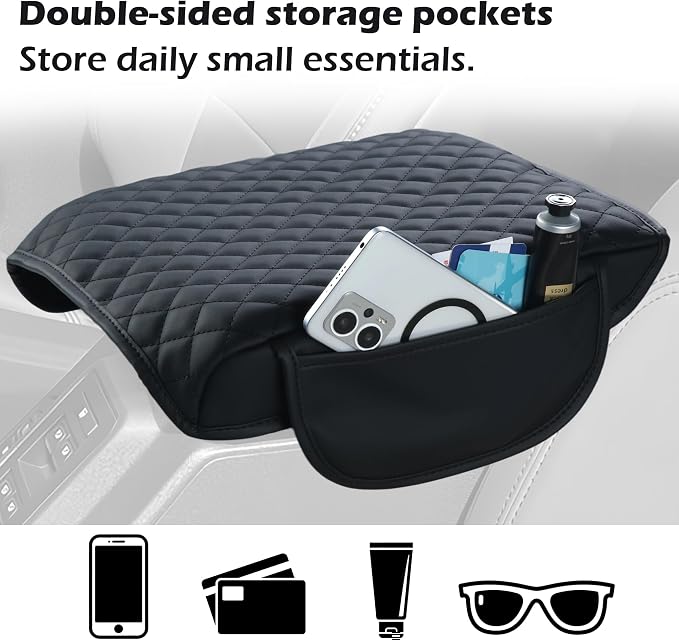 Center Console Cover for 2021-2025 2026 Ford F150, 2022-2026 F150 Lightning Work Surface Console Armrest Cushion Leather Protector Interior Accessories (with Pockets Storage Bag)