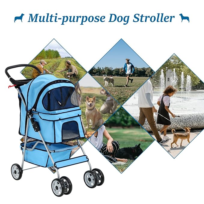 HHS 4 Wheels Pet Dog Stroller Foldable Pet Jogger Travel Carrier Cart W/Cup Holders Removable Liner Storage Basket for Small Medium Cats/Dogs, Blue, 17.5inches(L) x 33inches(W) x 38.6inches(H)