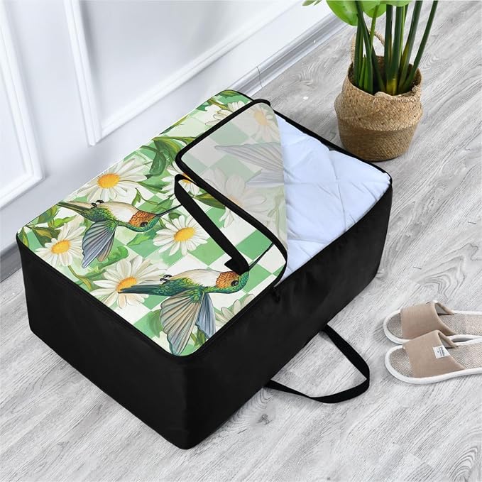 Comforter Storage Bags Large Folding Blanket Organizer Bag with Strong Handles Clear Window Closet Storage Containers for Clothes King Queen Pillows Bedding Quilt Duvet Checkered White and Gree