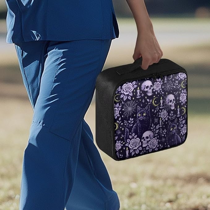 Empty First Aid Kit Purple Gothic Cat Skull Large Capacity Camping Trips and Car Safety Storage Includes Water-Resistant Lining Soft Interior Washable Exterior