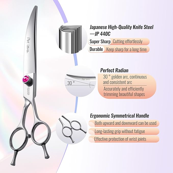 Curved Scissors for Dog Grooming Professional 8 inch Long Downward Curved Shears for Poodle Large Dogs Pet 30°Japanese 440C Stainless Steel Right Handed(8.0'',Curved)