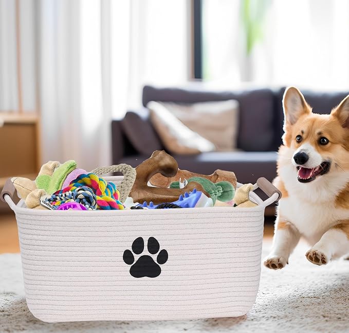 dog toy basket Cotton Rope dog toy box with wood handle pet toy bin Blanket Storage Basket Decorative Clothes Hamper Basket Large Baskets