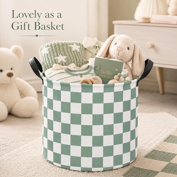 MAIZMZ 3 Pack Sage Checkered Storage Baskets Kids Hamper,Girls Room Decor,15.7"D x13.3"H, Waterproof Lining,Collapsible for Laundry, Toys, Clothes, Gift Set