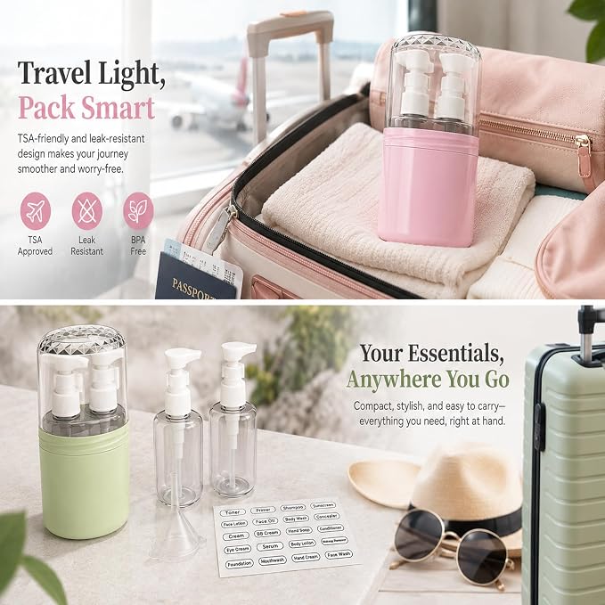 2-in-1 Travel Dispenser with 2 x 100 mL Bottles, Green | 2 refillable 100 mL bottles, pump , included label stickers, compact design for toiletries, travel, gym