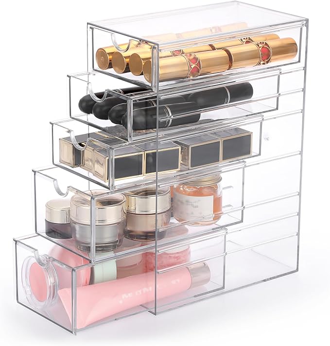 Hipiwe 5-Drawers Plastic Storage Organizer Clear Hair Accessories Organizer | Large Capacity Drawers Box for Bathroom, Dresser, Cosmetic Hair Tie Container for Women