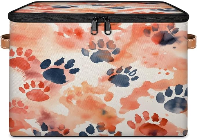 Storage Bins Animal Paw Print Storage Basket with Zipper Lid & Handle Foldable Storage Box Storage Cube Bin Clothes Organizer for Closet, Bedroom